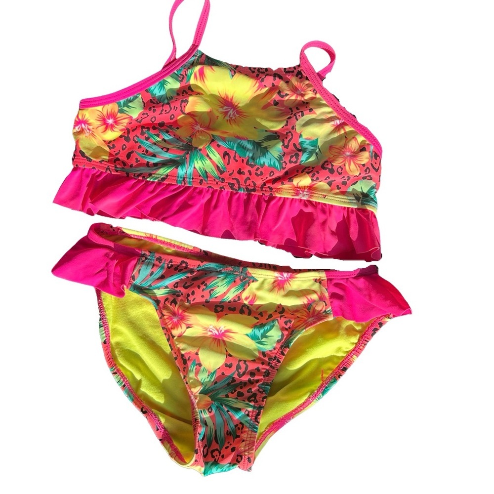 Pink and Yellow Tropical Bikini with Ruffled Hem kids
